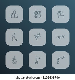 Entertainment icons line style set with travelling, golf, skateboard and other finish elements. Isolated vector illustration entertainment icons.