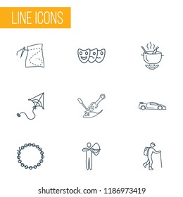 Entertainment icons line style set with beading, archery, sport car and other arrow elements. Isolated vector illustration entertainment icons.