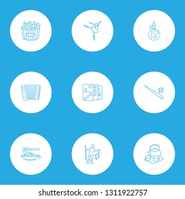 Entertainment icons line style set with fishing, baseball, domino and other gambling elements. Isolated vector illustration entertainment icons.