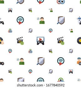entertainment icons pattern seamless. Included editable flat Singing, Game streaming, Casino, Livestream, Video maker, RPG, DJing icons. entertainment icons for web and mobile.