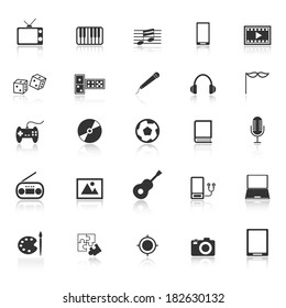 Entertainment icons with reflect on white background, stock vector