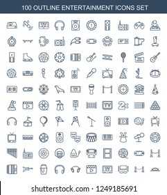 entertainment icons. Set of 100 outline entertainment icons included camera wheel, fence on white background. Editable entertainment icons for web, mobile and infographics.