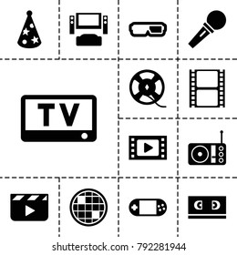 Entertainment icons. set of 13 editable filled entertainment icons such as clapper board, tv system, 3d glasses, movie tape, portable console, film tape, radio, party hat, tv