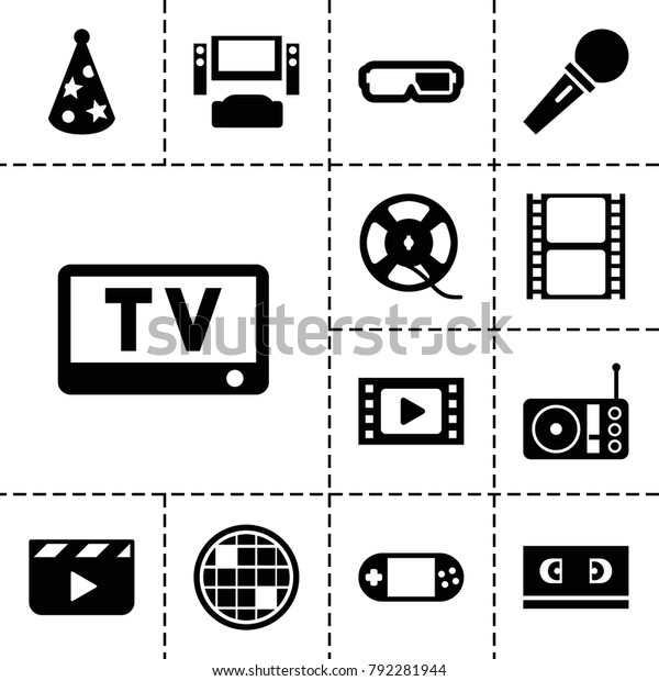 Entertainment icons. set\
of 13 editable filled entertainment icons such as clapper board, tv\
system, 3d glasses, movie tape, portable console, film tape, radio,\
party hat, tv