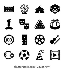 Entertainment icons. set of 16 editable filled entertainment icons such as fence, billiards, joystick, movie tape, domino, mask, violin, party hat, ferris wheel