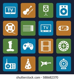 entertainment icons set. Set of 16 entertainment filled icons such as TV, Roulette, movie tape, radio, guitar strings, film tape, violin, party hat, loudspeaker