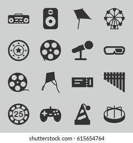 Entertainment icons set. set of 16 entertainment filled icons such as ticket, child playground carousel, kite, 25 casino chip, Casino chip, record player, harmonica