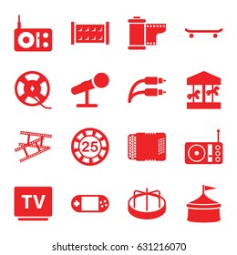 Entertainment icons set. set of 16 entertainment filled icons such as fence, child playground carousel, 25 casino chip, portable console, tv, film tape, radio, harmonic