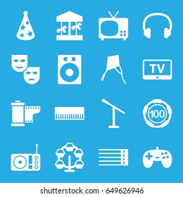 Entertainment icons set. set of 16 entertainment filled icons such as tv, 100 casino chip, guitar strings, radio, party hat, headset, camera tape, kite, joystick, speaker