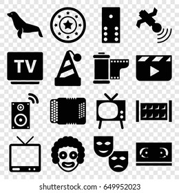 Entertainment icons set. set of 16 entertainment filled icons such as seal, fence, casino chip, tv, satellite, harmonic, camera tape, music loudspeaker, clapper board, domino