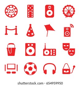 Entertainment icons set. set of 16 entertainment filled icons such as ferris wheel, kite, 25 casino chip, domino, paint bucket, radio, microphone, party hat, headset