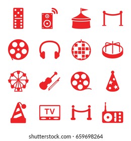Entertainment icons set. set of 16 entertainment filled icons such as child playground carousel, domino, red carpet barrier, radio, violin, party hat, headset, tv, red carpet
