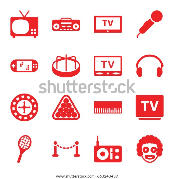 Entertainment icons set. set of\
16 entertainment filled icons such as fence, child playground\
carousel, roulette, billiards, tv, record player, earphones, tennis\
rocket