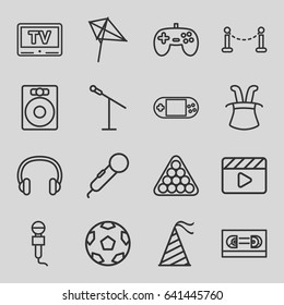 Entertainment icons set. set of 16 entertainment outline icons such as fence, kite, billiards, movie clapper, microphone, portable console, party hat, headset, tv, film tape