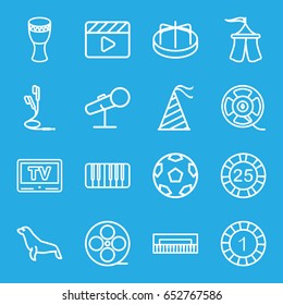 Entertainment icons set. set of 16 entertainment outline icons such as seal, child playground carousel, 1 casino chip, 25 casino chip, movie clapper, movie tape, film tape