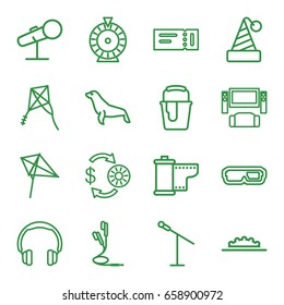 Entertainment icons set. set of 16 entertainment outline icons such as ticket, seal, kite, casino chip and money, roulette, paint bucket, earphones, microphone, camera tape