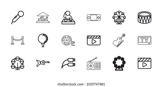 Entertainment icons. set of 18 editable outline entertainment icons: microphone, clapper board, guitar, carousel, dj, ferris wheel, movie clapper, drum, earphone wire