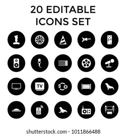 Entertainment icons. set of 20 editable filled entertainment icons such as fence, seal, 25 casino chip, joystick, guitar. best quality entertainment elements in trendy style.