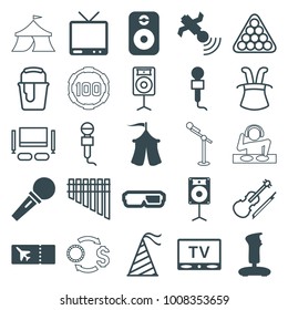 Entertainment icons. set of 25 editable filled and outline entertainment icons such as joystick, 3d glasses, microphone, tv, satellite, loudspeaker, tent, speaker, billiards
