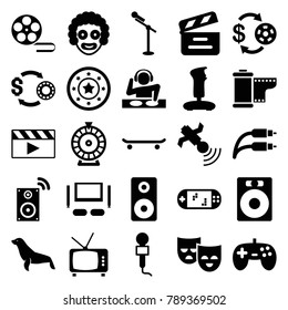 Entertainment icons. set of 25 editable filled entertainment icons such as seal, casino chip and money, casino chip, roulette, joystick, speaker, clown, skating, movie clapper