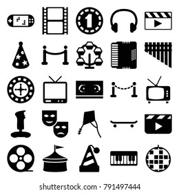 Entertainment icons. set of 25 editable filled entertainment icons such as fence, roulette, joystick, clapper board, mask, disco ball, carousel, circus, party hat, film tape