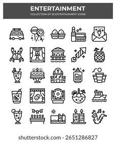 Entertainment Icons Set. 25 Fun Party Celebration Symbols