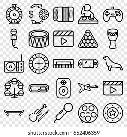 Entertainment icons set. set of 25 entertainment outline icons such as seal, roulette, casino chip and money, casino chip, billiards, movie clapper, microphone, radio