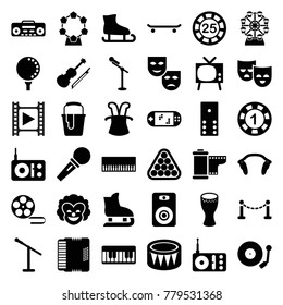Entertainment icons. set of 36 editable filled entertainment icons such as fence, 1 casino chip, 25 casino chip, paint bucket, domino, magic hat, mask, piano, microphone, tv