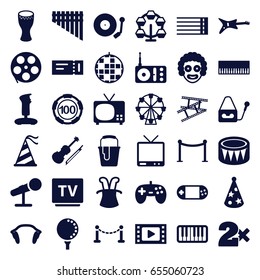 Entertainment icons set. set of 36 entertainment filled icons such as fence, ticket, 100 casino chip, casino bet, red carpet barrier, paint bucket, radio, portable console, tv