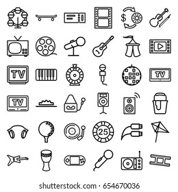 Entertainment icons set. set of 36 entertainment outline icons such as ticket, kite, casino chip and money, 25 casino chip, roulette, paint bucket, movie tape, microphone