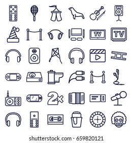 Entertainment icons set. set of 36 entertainment outline icons such as ticket, seal, roulette, domino, casino bet, red carpet barrier, paint bucket, movie clapper, radio