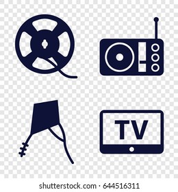 Entertainment icons set. set of 4 entertainment filled icons such as tv, film tape, radio
