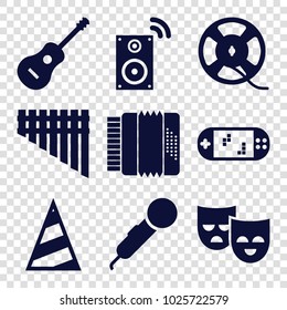 Entertainment icons. set of 9 editable filled entertainment icons such as microphone, film tape, harmonica, guitar, music loudspeaker, portable game console, mask, party hat