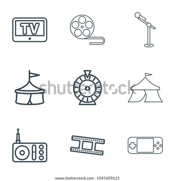 Entertainment icons. set of 9 editable outline\
entertainment icons such as tv, roulette, circus, radio, camera\
tape, movie tape,\
microphone