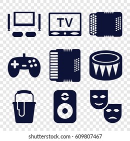 Entertainment icons set. set of 9 entertainment filled icons such as paint bucket, harmonic, drum, TV, speaker, TV set, joystick