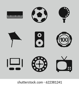 Entertainment icons set. set of 9 entertainment filled icons such as kite, Roulette, 100 casino chip, loudspeaker, TV set, golf ball, movie tape, piano