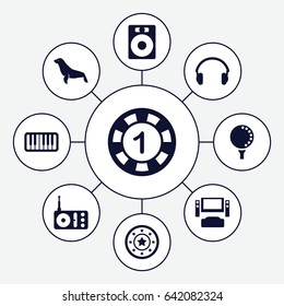 Entertainment icons set. set of 9 entertainment filled icons such as seal, 1 casino chip, casino chip, radio, piano, earphones, golf ball, speaker