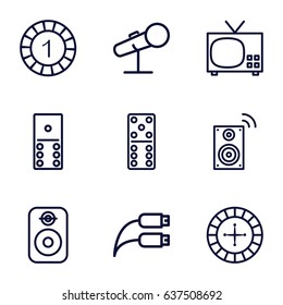 Entertainment icons set. set of 9 entertainment outline icons such as roulette, 1 casino chip, domino, earphone wire, microphone, speaker, music loudspeaker