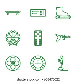 Entertainment icons set. set of 9 entertainment outline icons such as ticket, ferris wheel, roulette, domino, movie tape, earphones, skating, ice skating