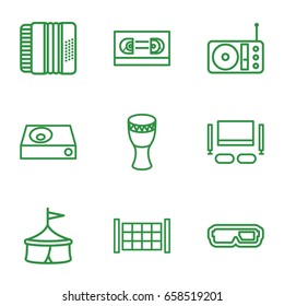 Entertainment icons set. set of 9 entertainment outline icons such as fence, dvd player, radio, harmonic, drum, tv set, film tape, circus