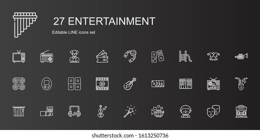 entertainment icons set. Collection of entertainment with clown, trumpet, magic wand, violin, headphones, radio, curtains, piano, magic trick. Editable and scalable entertainment icons.