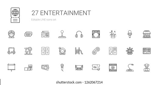 entertainment icons set. Collection of entertainment with film, ticket, home cinema, microphone, radio, projector, domino, gamepad. Editable and scalable entertainment icons.