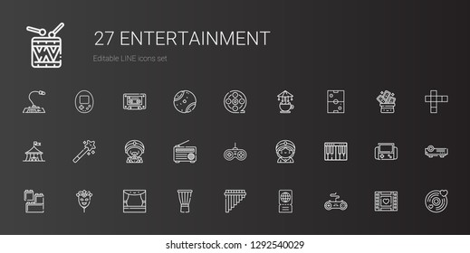 entertainment icons set. Collection of entertainment with gamepad, ticket, flute, drum, stage, mask, lego, piano, seer, radio, magician. Editable and scalable entertainment icons.