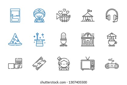entertainment icons set. Collection of entertainment with gamepad, television, magician, ticket, radio, carousel, night club, microphone. Editable and scalable entertainment icons.