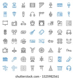 entertainment icons set. Collection of entertainment with headphones, curtains, party hat, mask, drum, domino, hopscotch, microphone. Editable and scalable entertainment icons.