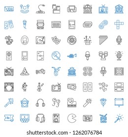 entertainment icons set. Collection of entertainment with magic wand, drums, cassette, pac man, toy, headphones, cinema, ticket, projector. Editable and scalable entertainment icons.