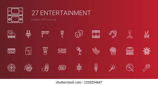 entertainment icons set. Collection of entertainment with magic wand, microphone, mirror ball, tickets, trumpet, film reel, trick, theatre. Editable and scalable entertainment icons.