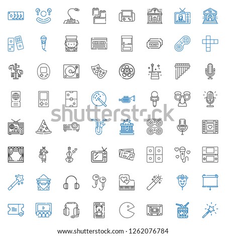 entertainment icons set. Collection of entertainment with magic wand, drums, cassette, pac man, toy, headphones, cinema, ticket, projector. Editable and scalable entertainment icons.