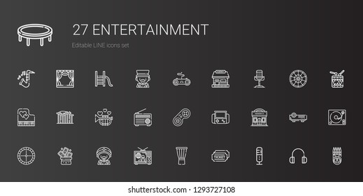 entertainment icons set. Collection of entertainment with microphone, tickets, drum, television, magician, trick, roulette, cinema. Editable and scalable entertainment icons.