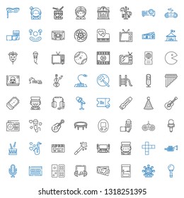 entertainment icons set. Collection of entertainment with microphone, ferris wheel, arcade, ticket, headphones, domino, cassette, trumpet. Editable and scalable entertainment icons.